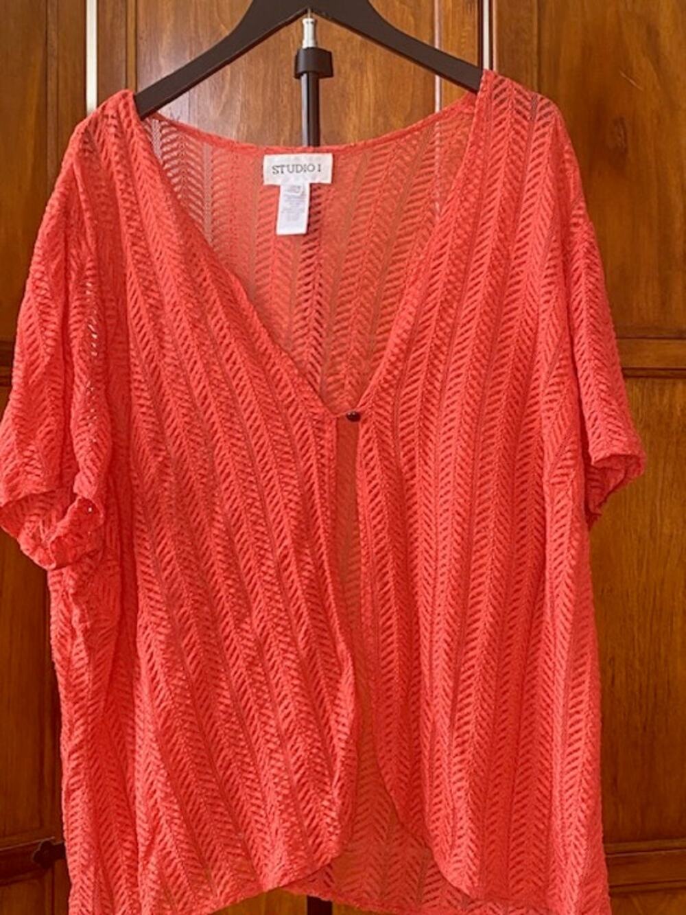 Studio I Plus Size 26W Coral Orange Lace Open Front Cardigan Sheer Cover Up